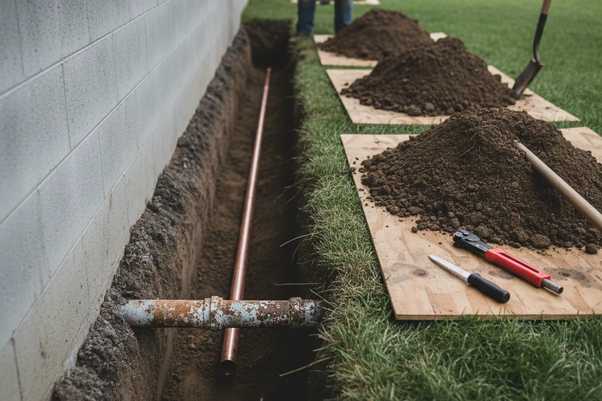 Excavated water line trench during Water Heater Repair in Rushsylvania